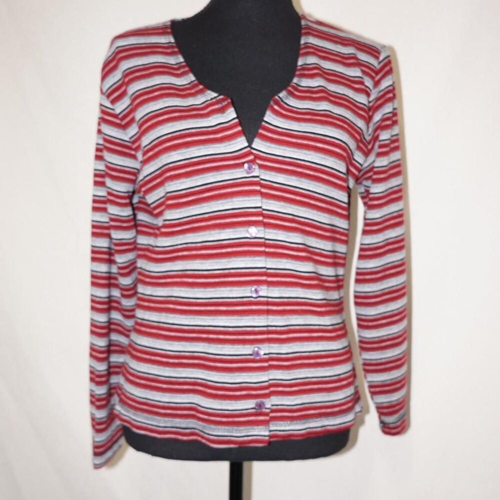 Bass Red Gray and Black Striped Cardigan with Purple Buttons
